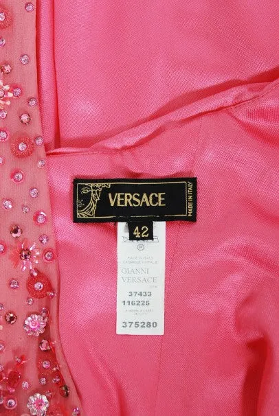 2005 Versace Couture Runway Pink Beaded Stretch Silk High-Low Gown