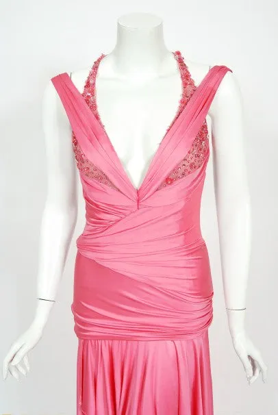 2005 Versace Couture Runway Pink Beaded Stretch Silk High-Low Gown