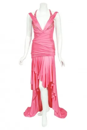 2005 Versace Couture Runway Pink Beaded Stretch Silk High-Low Gown