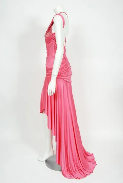 2005 Versace Couture Runway Pink Beaded Stretch Silk High-Low Gown