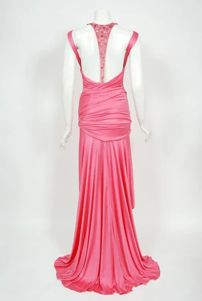 2005 Versace Couture Runway Pink Beaded Stretch Silk High-Low Gown