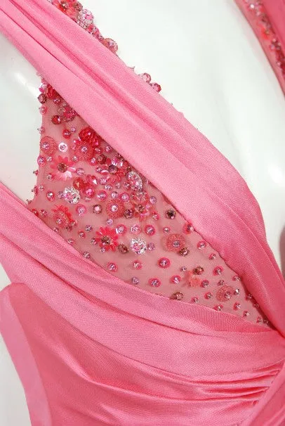 2005 Versace Couture Runway Pink Beaded Stretch Silk High-Low Gown