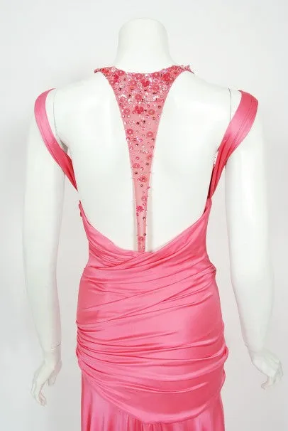 2005 Versace Couture Runway Pink Beaded Stretch Silk High-Low Gown