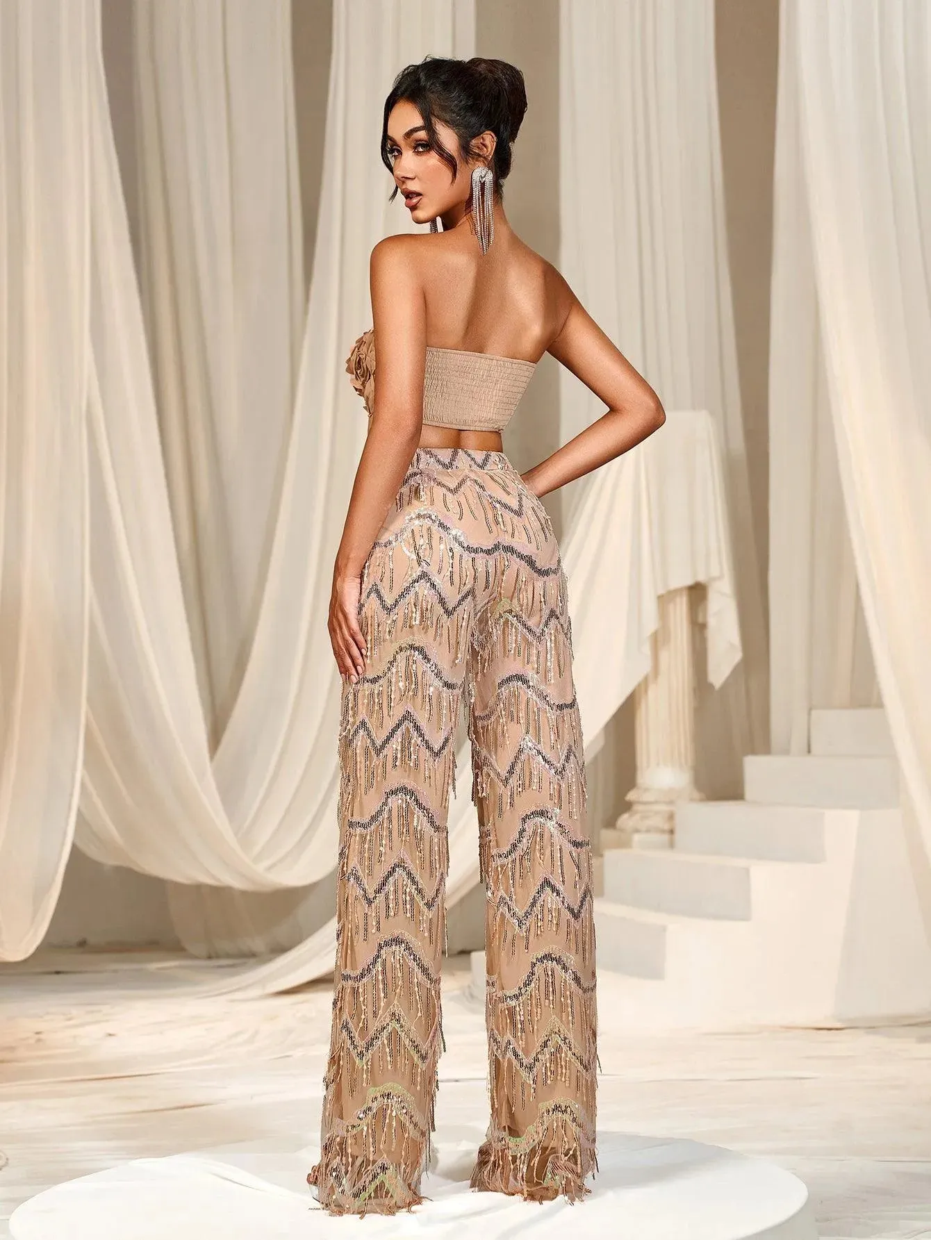 3D Flower Tube Top & Sequin Fringed Pants