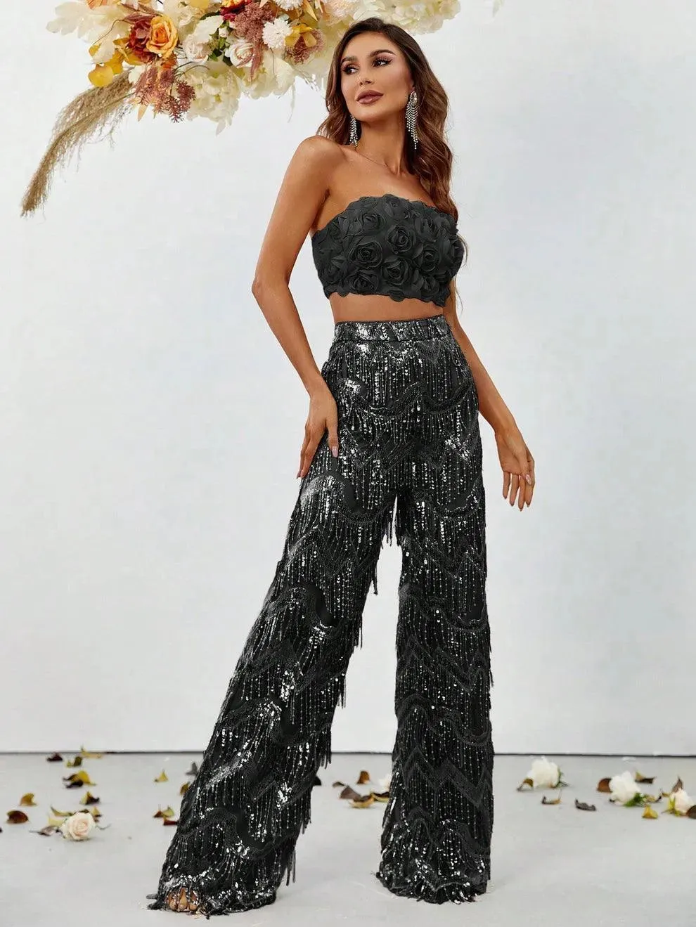 3D Flower Tube Top & Sequin Fringed Pants