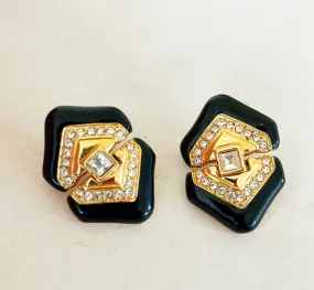 80s signed Swarovski pierced black &amp; gold earrings.