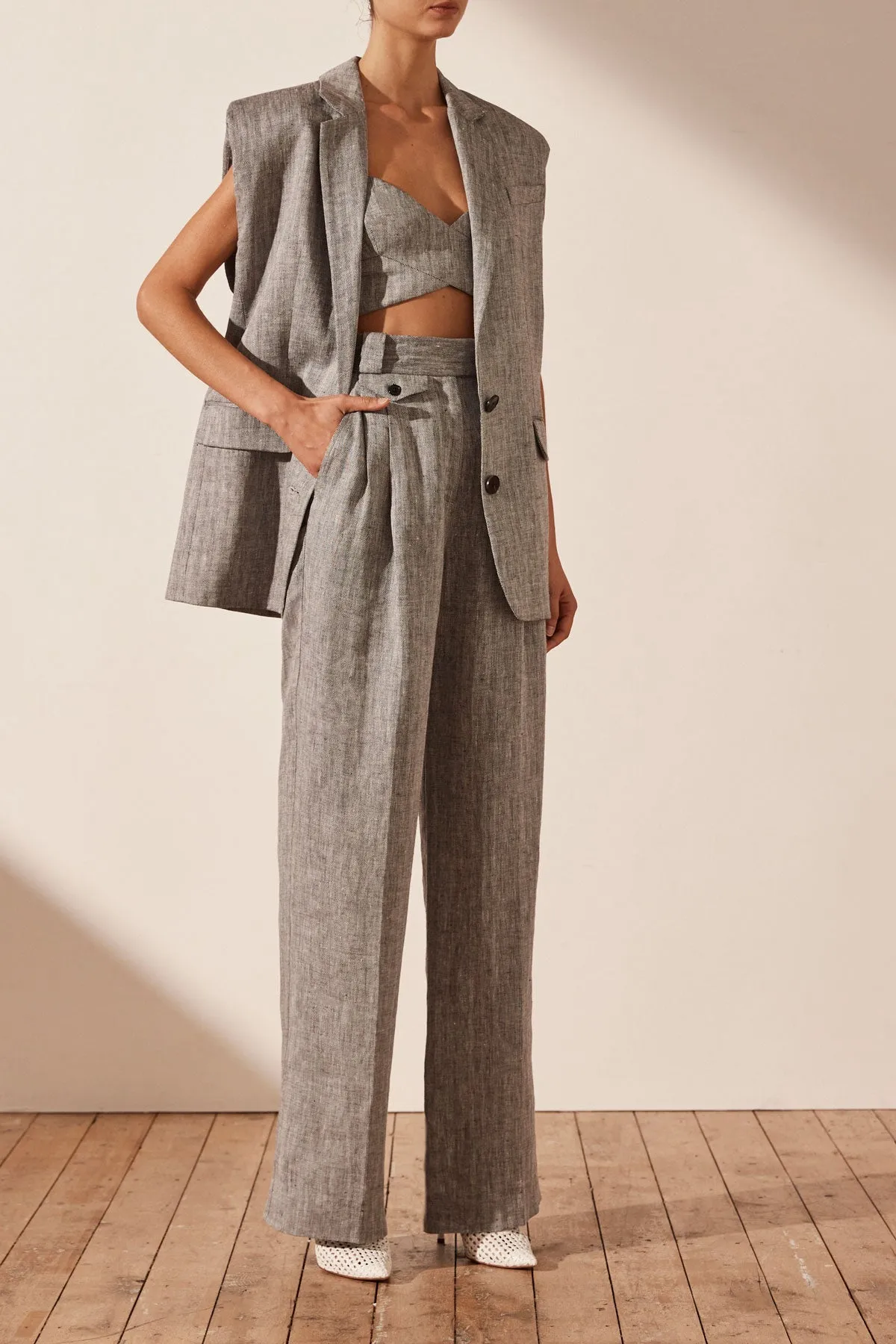 AMANDA LINEN HIGH WAISTED TAILORED PANT - ASH