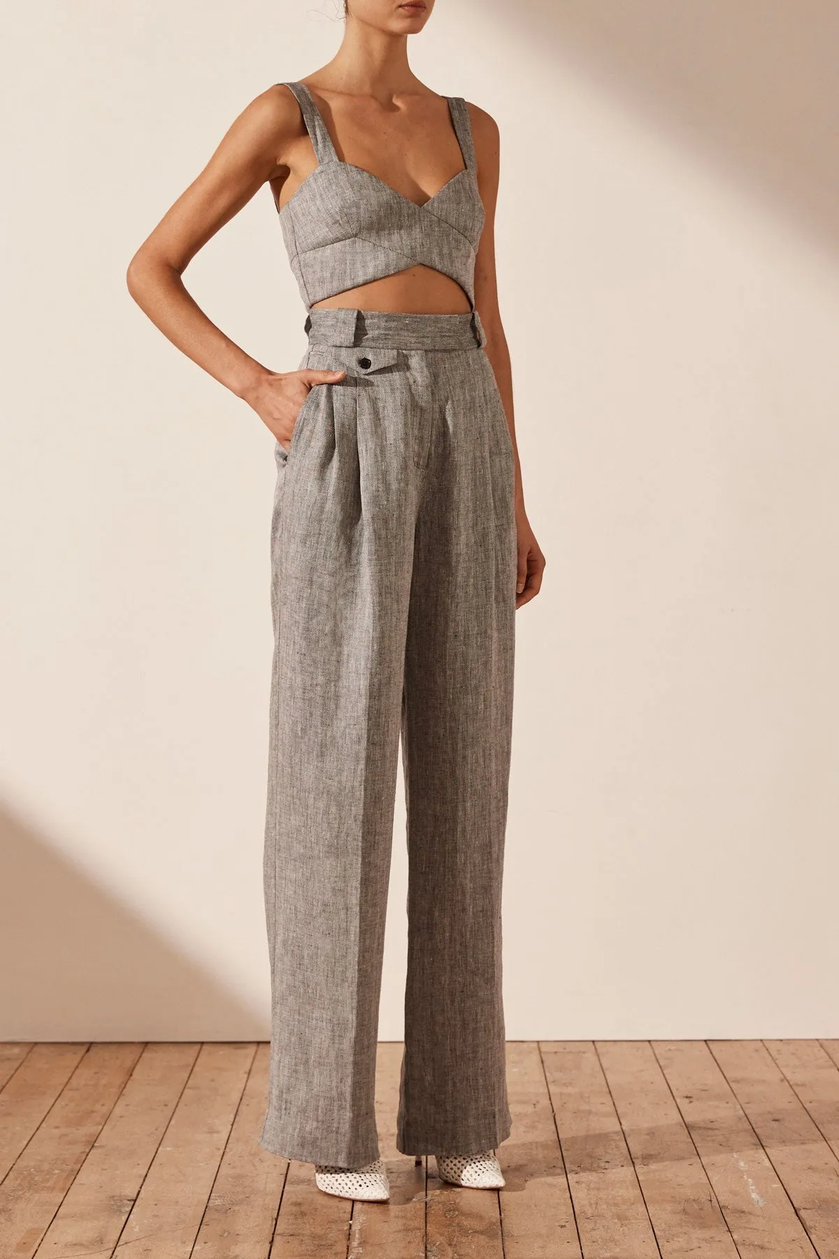 AMANDA LINEN HIGH WAISTED TAILORED PANT - ASH