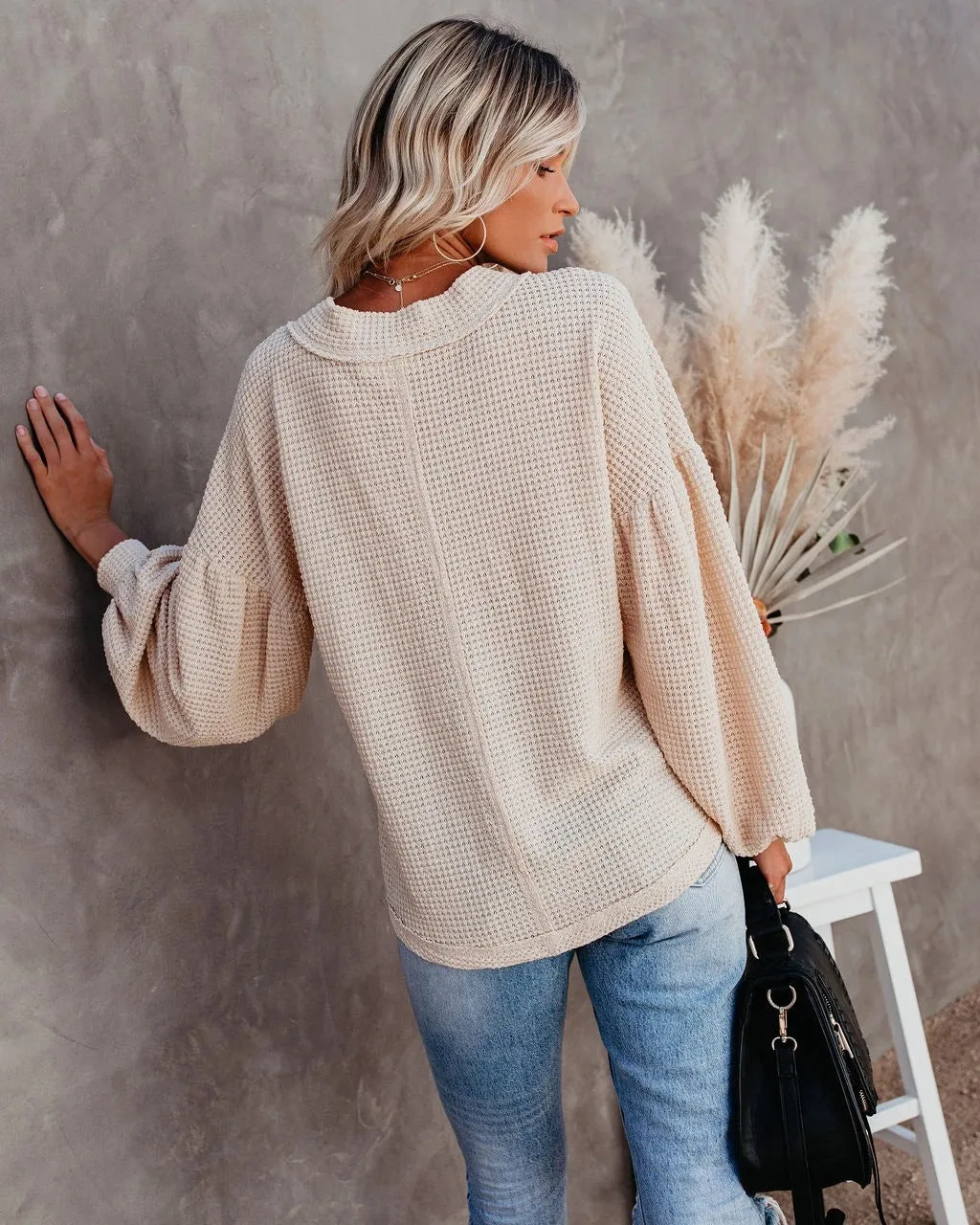 Amy Fashion - Autumn Knit V-Neck Long Lantern Sleeve Casual Sweater