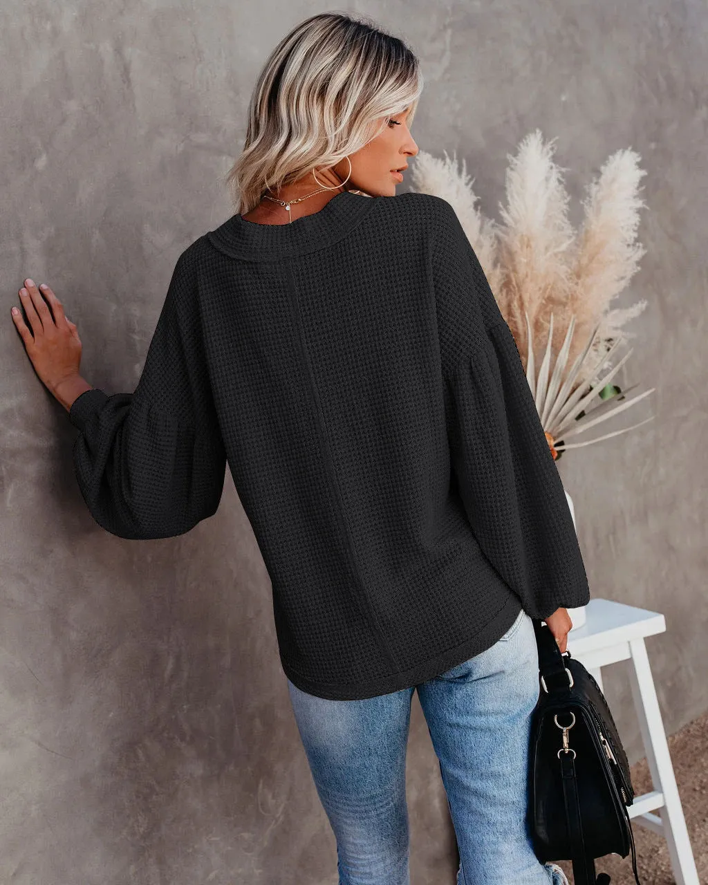 Amy Fashion - Autumn Knit V-Neck Long Lantern Sleeve Casual Sweater