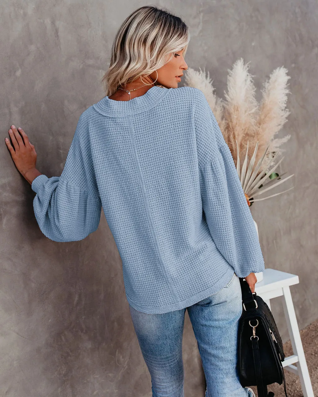 Amy Fashion - Autumn Knit V-Neck Long Lantern Sleeve Casual Sweater