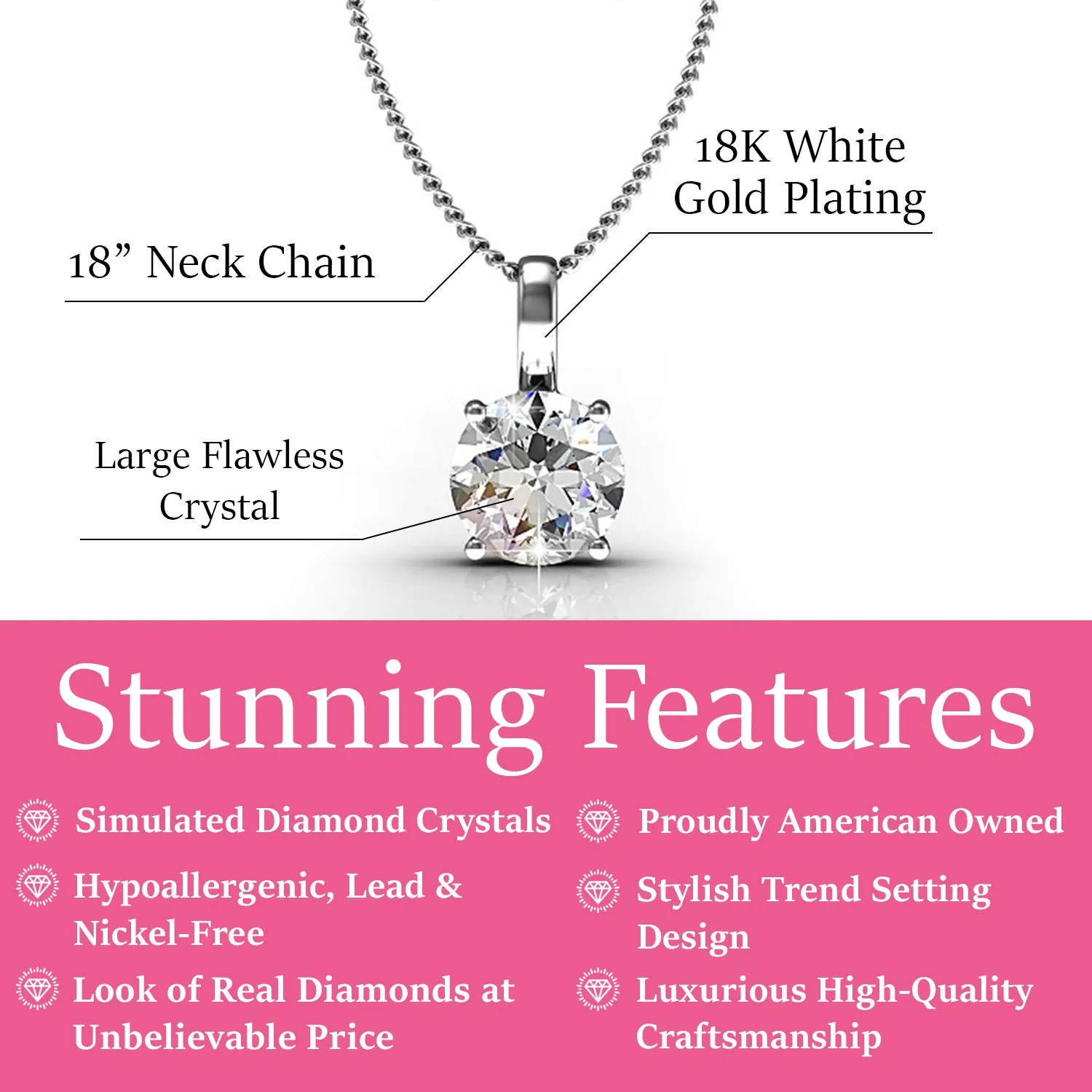 Araylia "Strong" 18k White Gold Plated Necklace with Solitaire Round Cut Swarovski Crystal