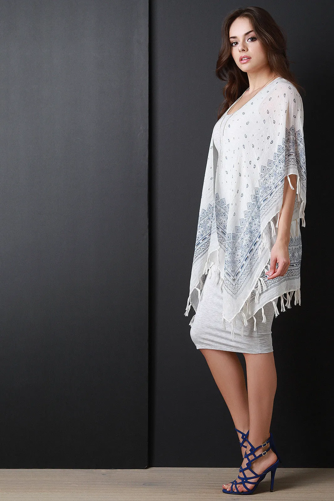 Bandanna Style Paisley Printed Fringe Hem Poncho