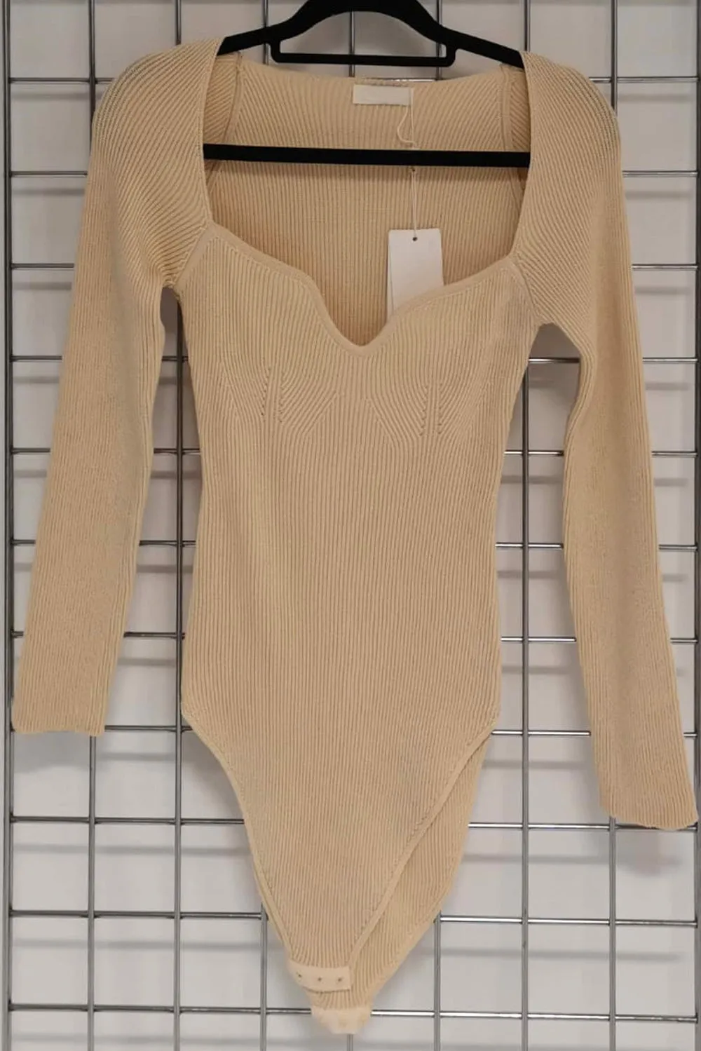 Beige Ribbed Long Sleeve Knit Bodysuit