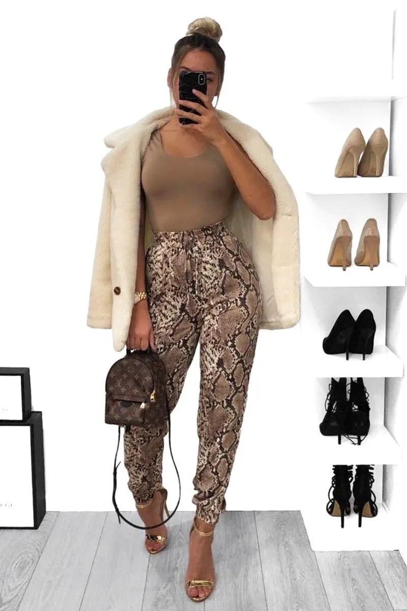 Beige Snake Print Tie Waist Cuffed Trousers - Annica