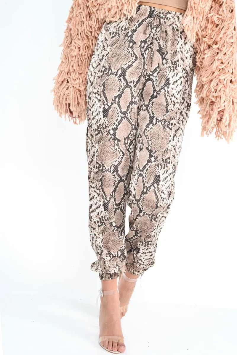 Beige Snake Print Tie Waist Cuffed Trousers - Annica