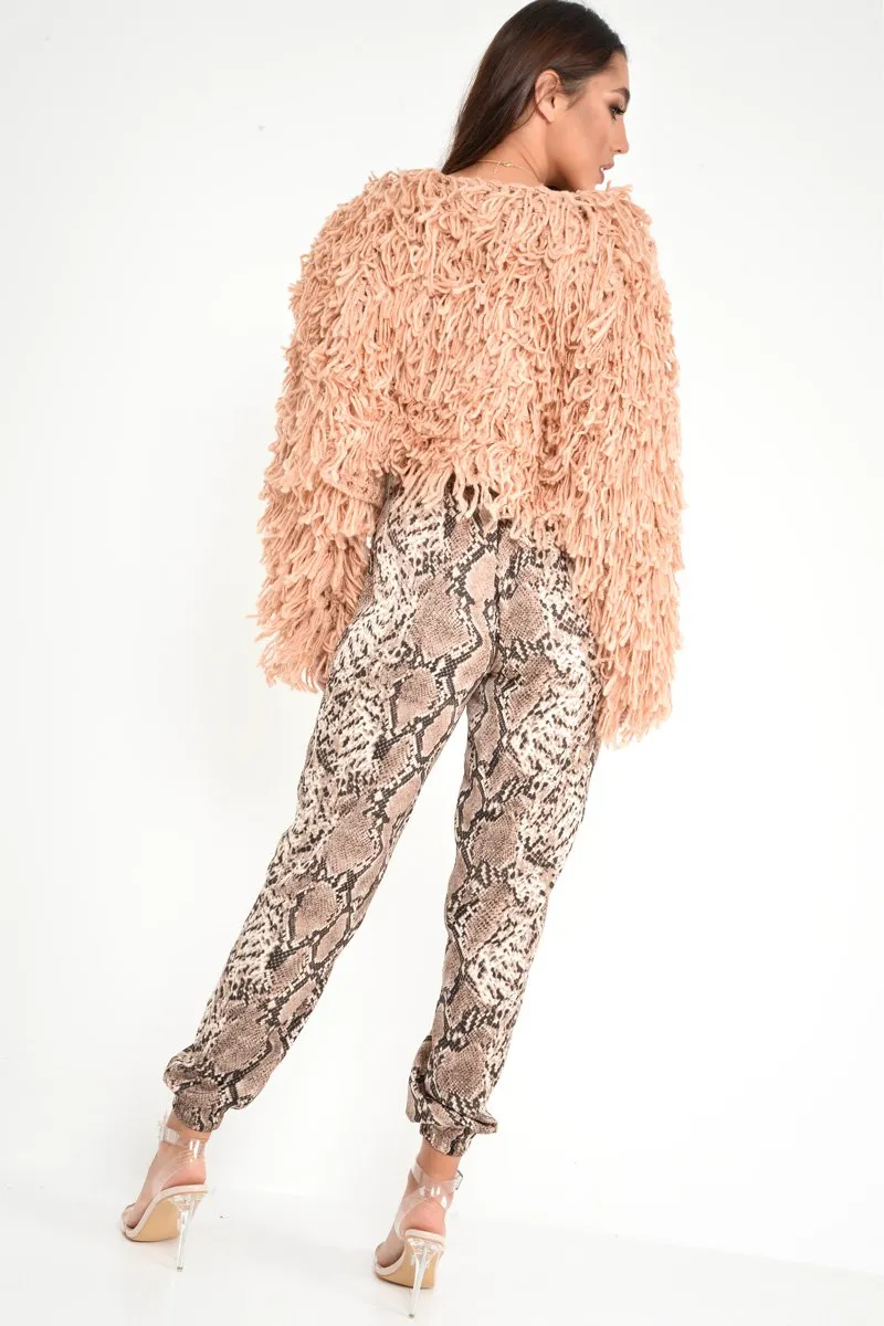 Beige Snake Print Tie Waist Cuffed Trousers - Annica