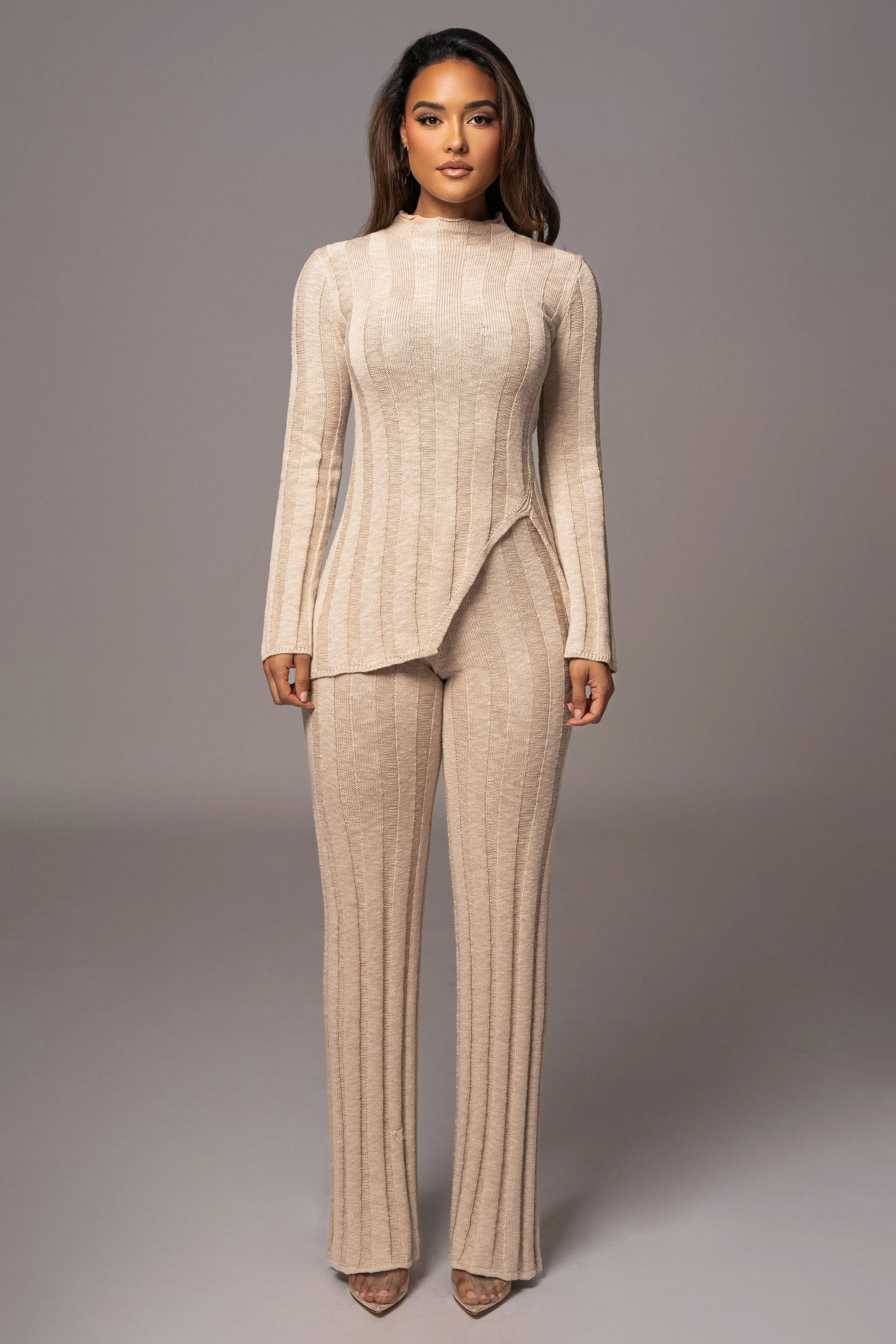 Beige Take A Chance Ribbed Pant Set