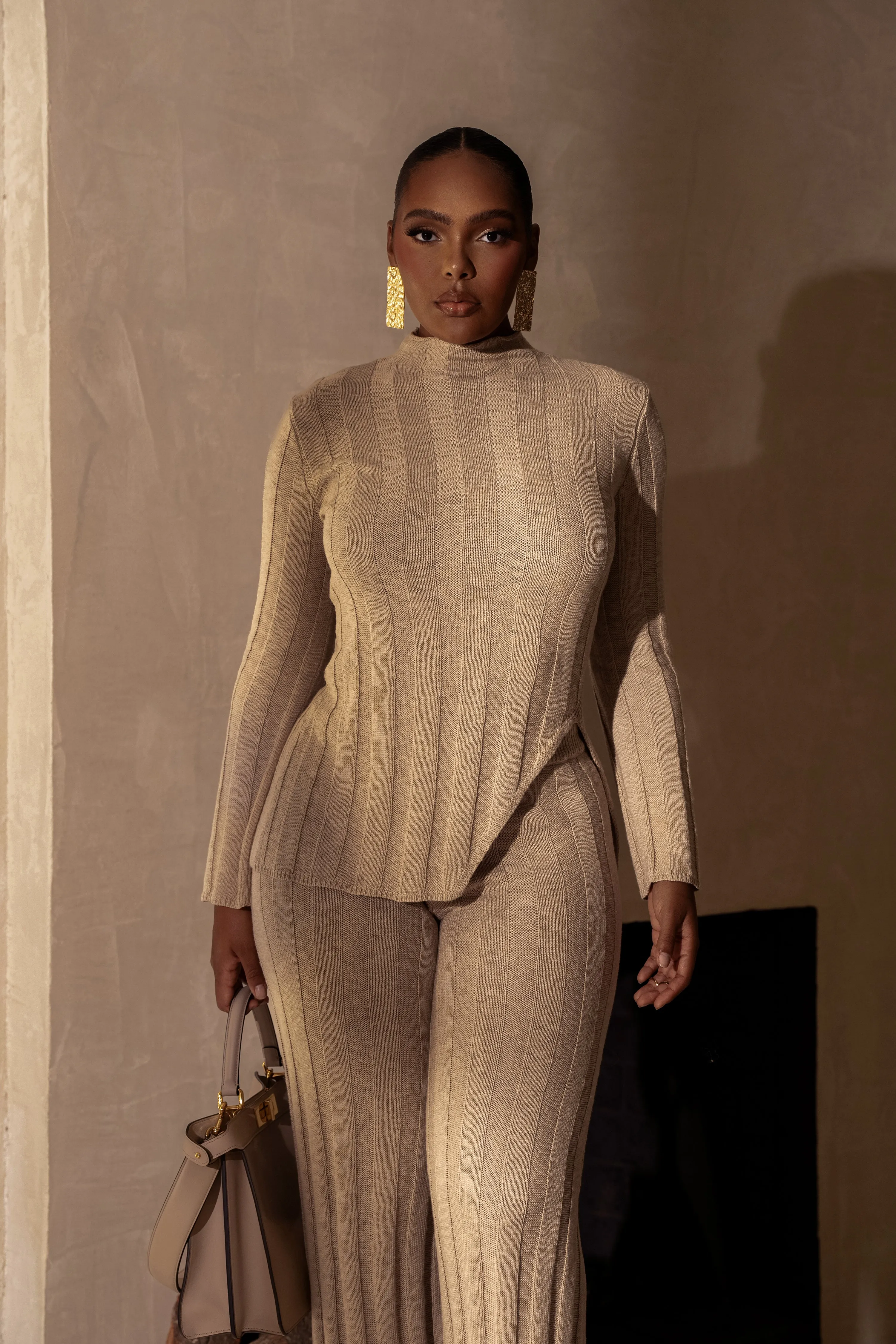 Beige Take A Chance Ribbed Pant Set