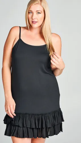 Black Drop Waist Double Ruffle Hem Slip Dress