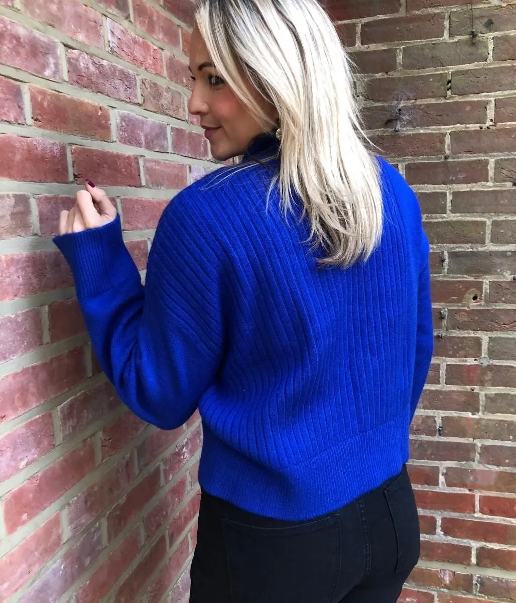 Blue Ribbed Funnel Neck Jumper