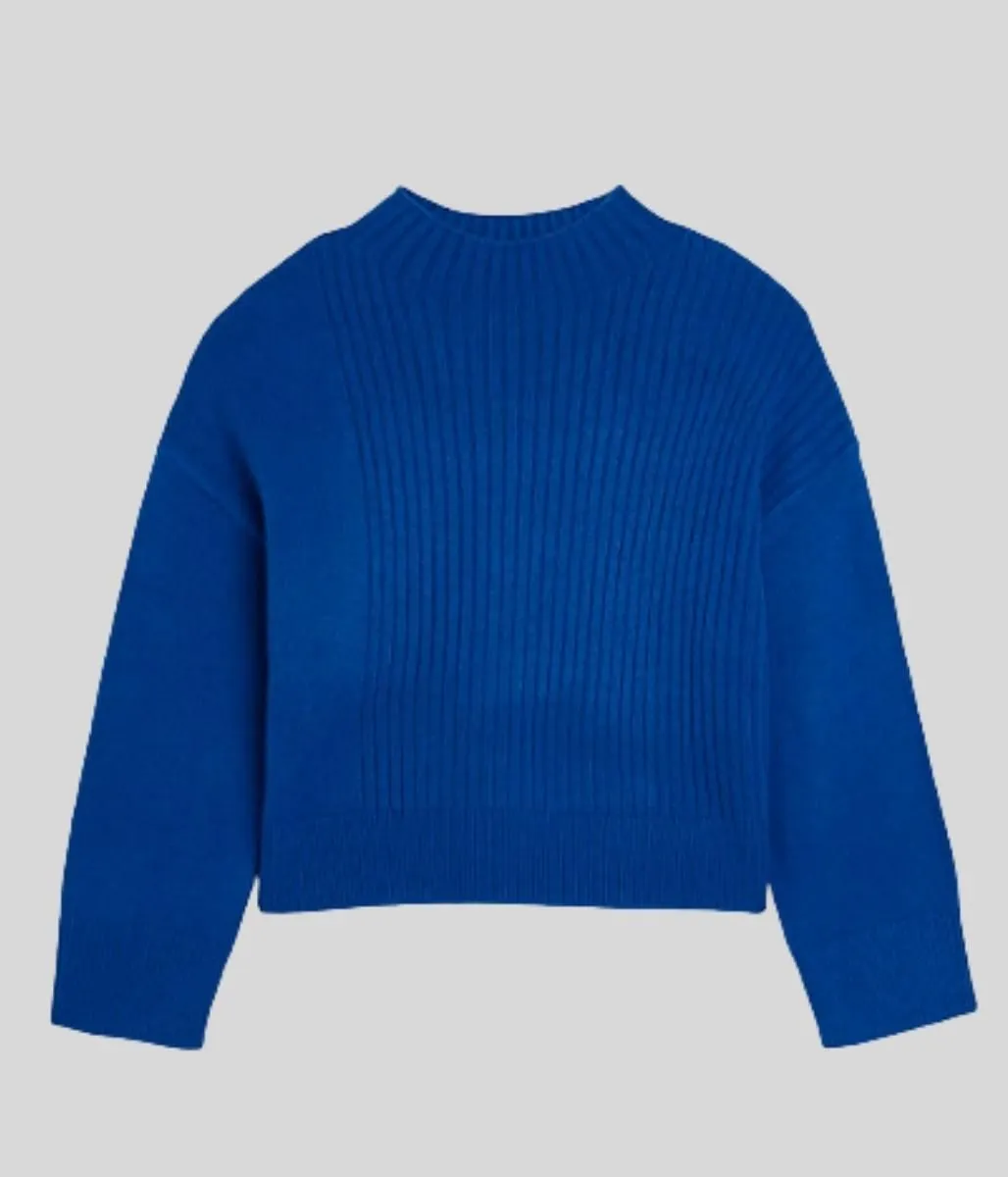 Blue Ribbed Funnel Neck Jumper