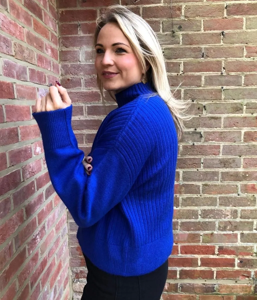 Blue Ribbed Funnel Neck Jumper