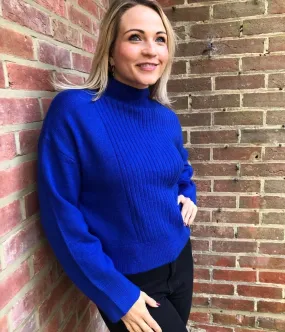 Blue Ribbed Funnel Neck Jumper