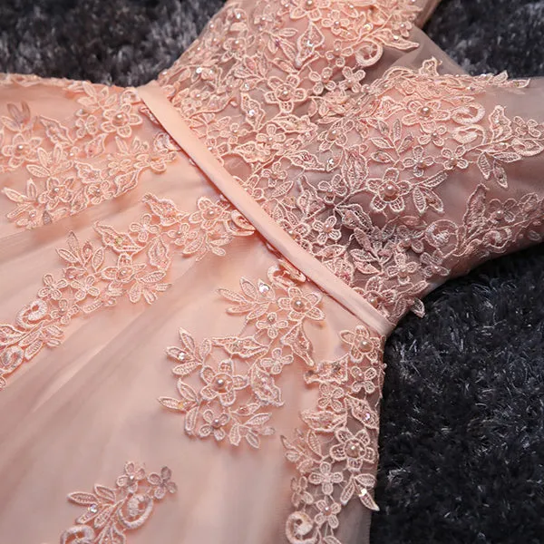 Blush Pink Lace Appliqued Tulle Homecoming Dresses, Short Bridesmaid Dresses, SH60