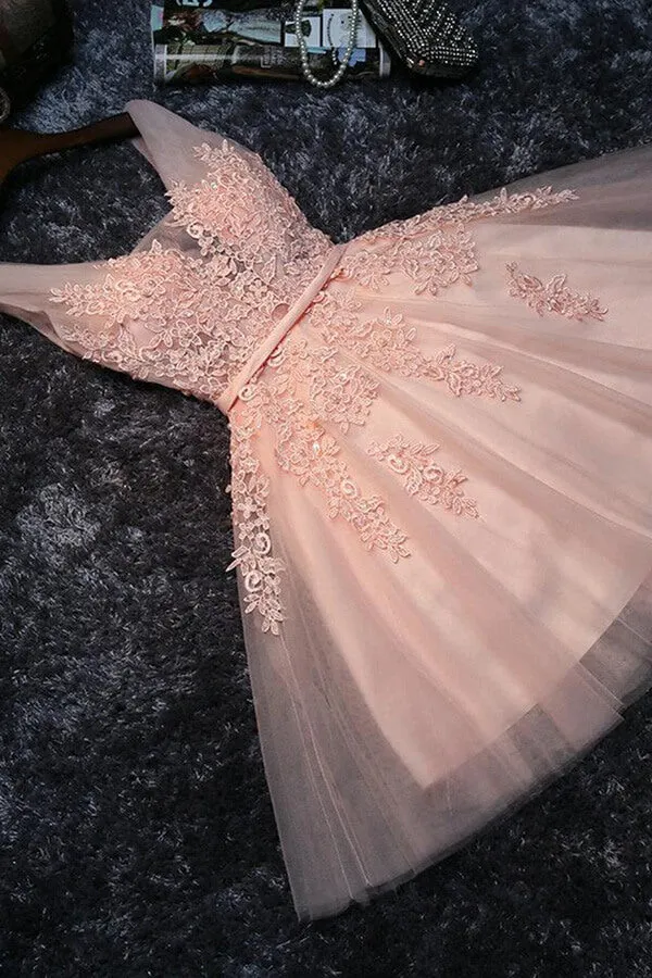 Blush Pink Lace Appliqued Tulle Homecoming Dresses, Short Bridesmaid Dresses, SH60