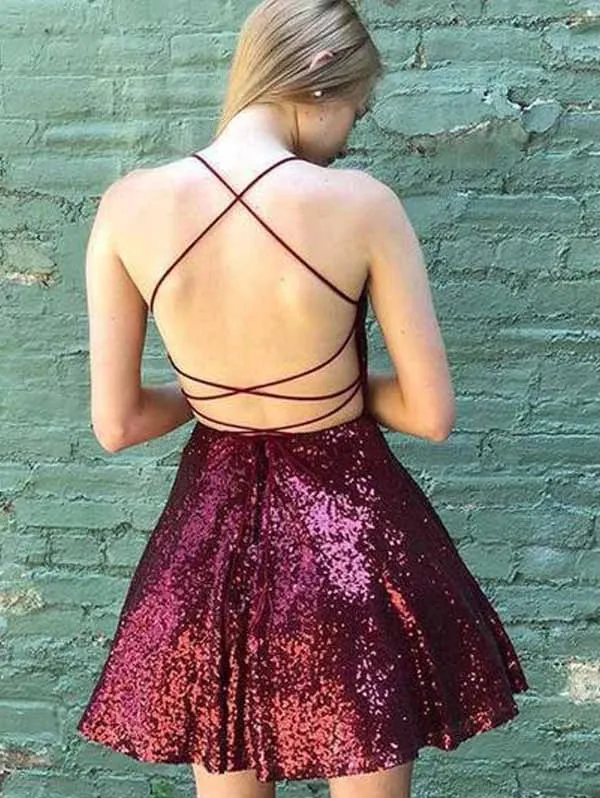 Burgundy Sparkly Backless A-line Mini Spaghetti Straps Homecoming Dress, SH518