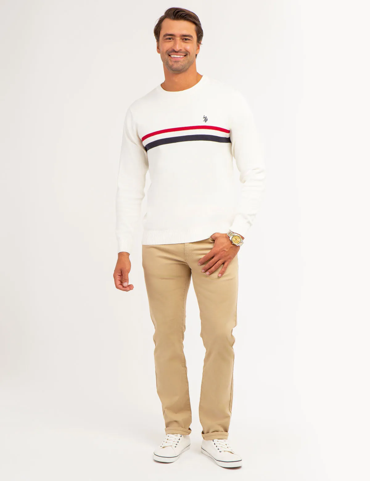 CHEST STRIPE CREW NECK SWEATER