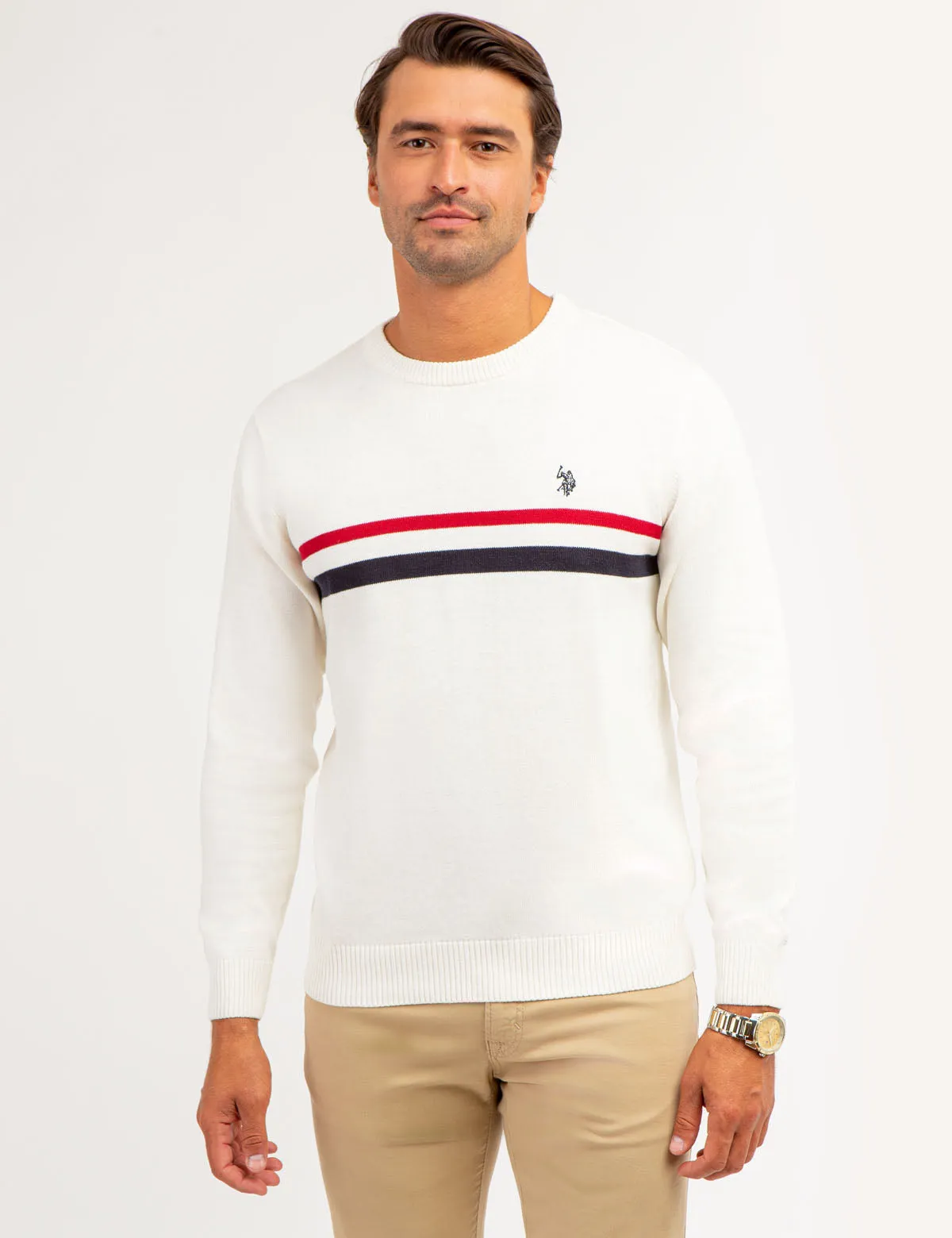 CHEST STRIPE CREW NECK SWEATER