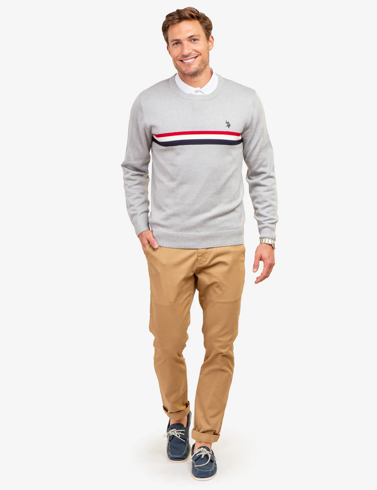 CHEST STRIPE CREW NECK SWEATER