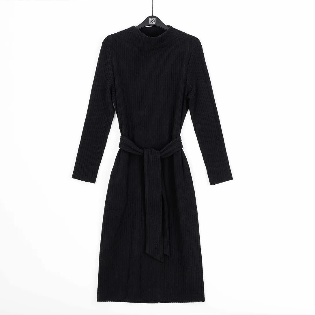 Chunky Ribbed - Tie Waist Pocket Midi Sweater Dress - Black - Final Sale!