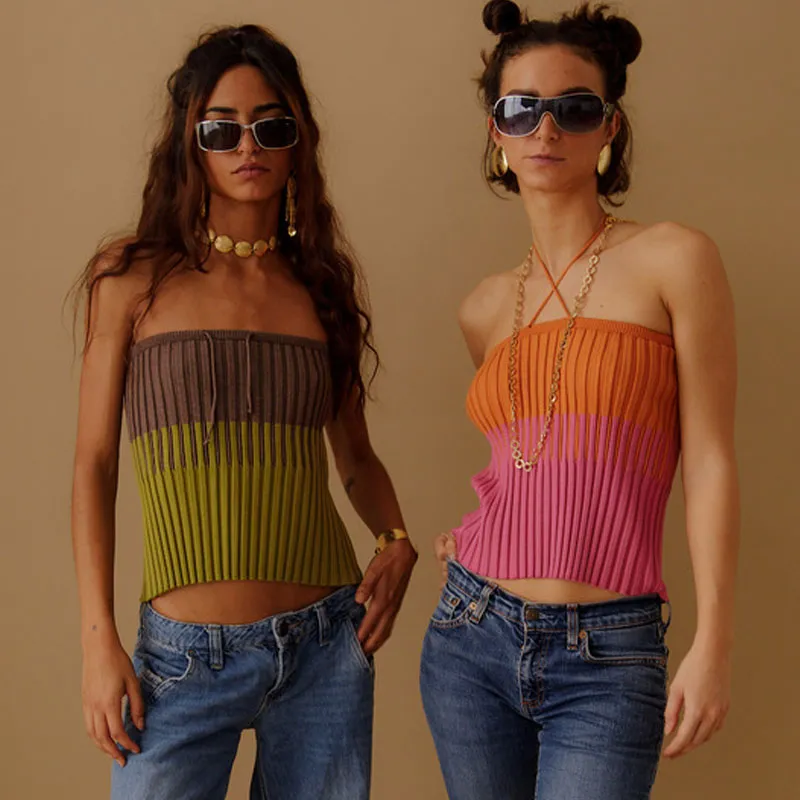 Contrast Color Block Self Tie Sleeveless Rib Knit Crop Top