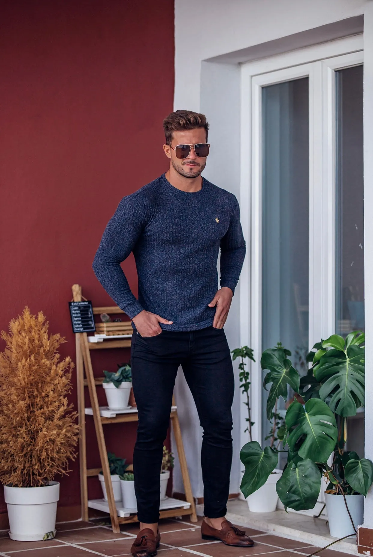 Father Sons Classic Navy Ribbed Knit Sweater With Gold Emblem - FSH539