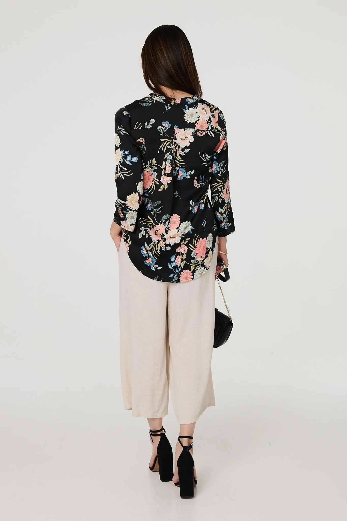 Floral Print 3/4 Sleeve V-Neck Blouse