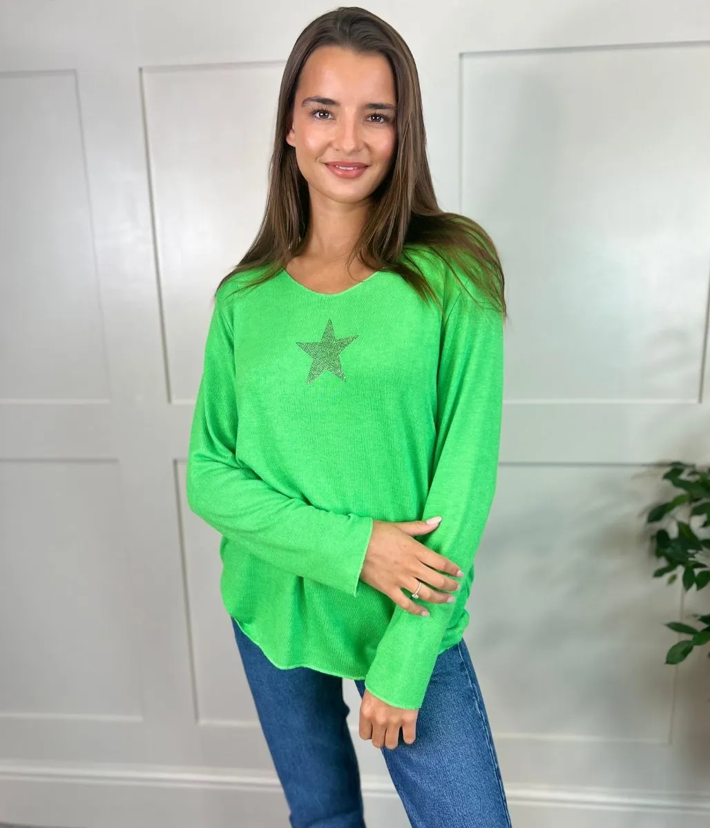 Green Diamante Star Lightweight Jumper