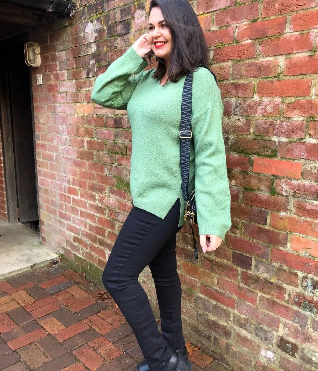 Green Relaxed V Neck Jumper