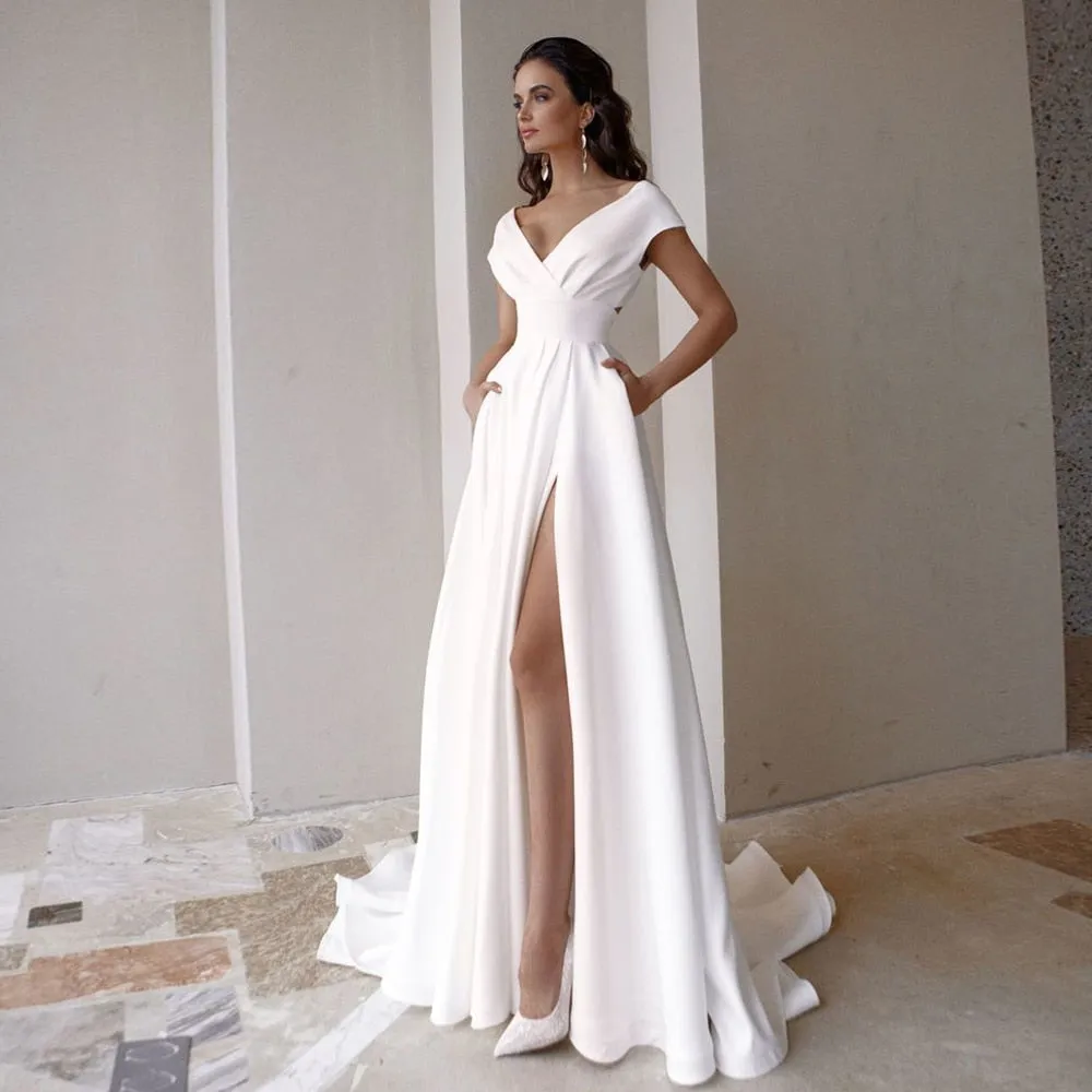 High Slit Off the Shoulder V-Neck Wedding Dress