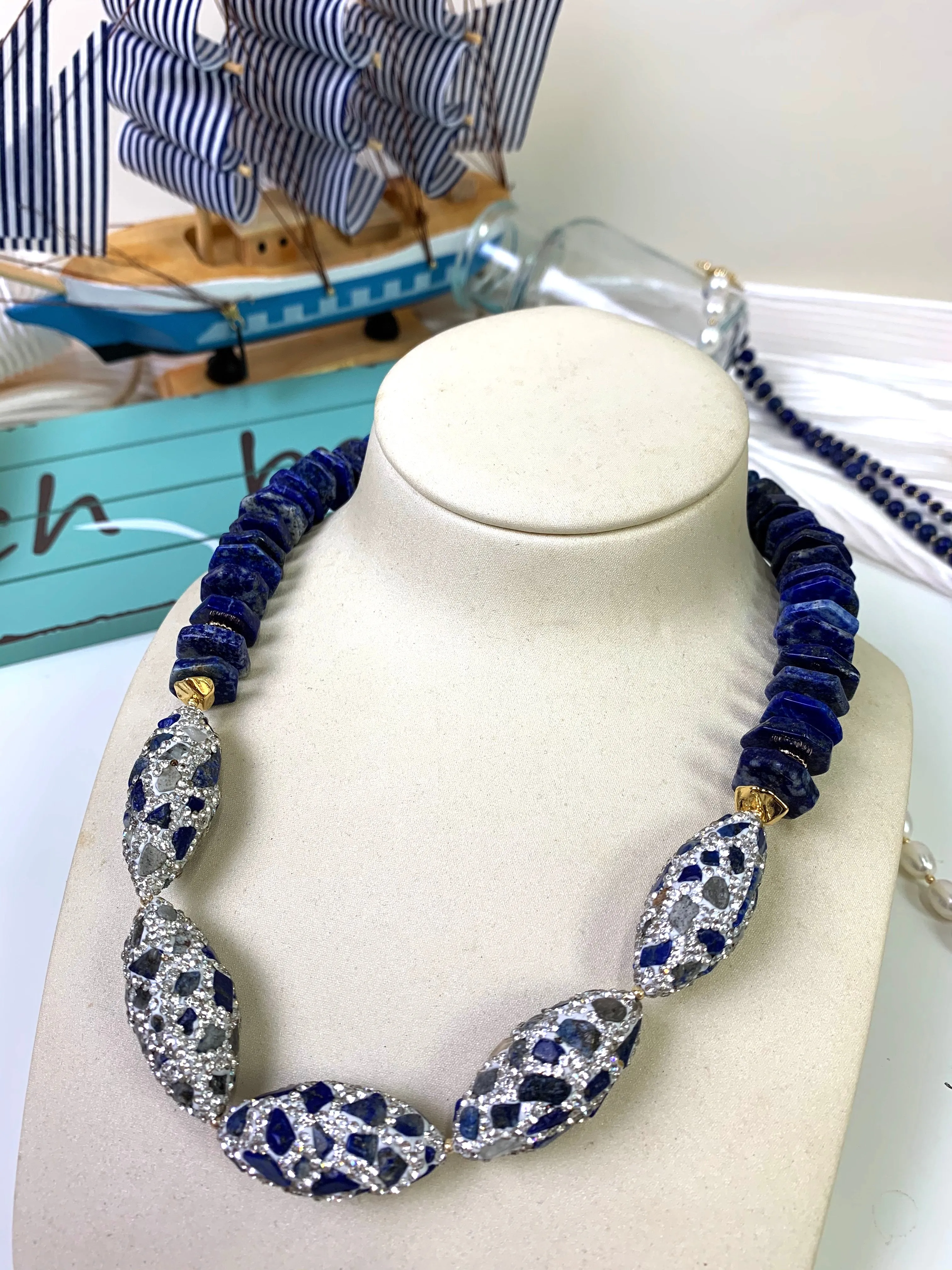 Lapis With Rhinestones Statement Necklace EN016