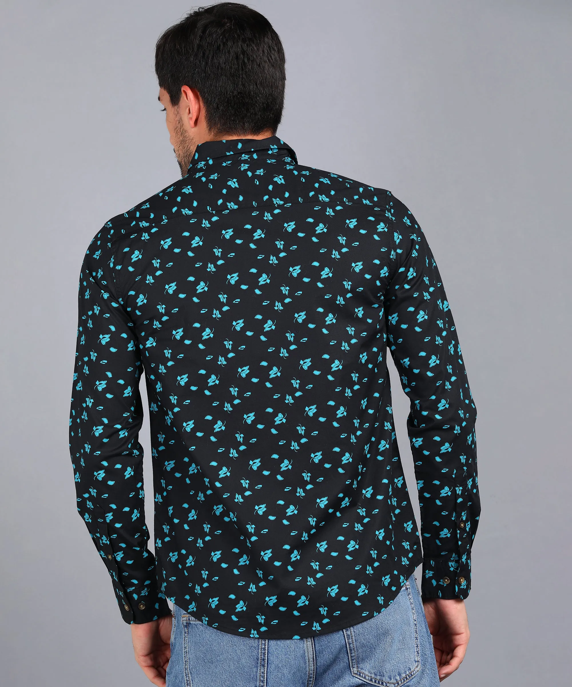 Men's Navy Cotton Full Sleeve Slim Fit Casual Printed Shirt