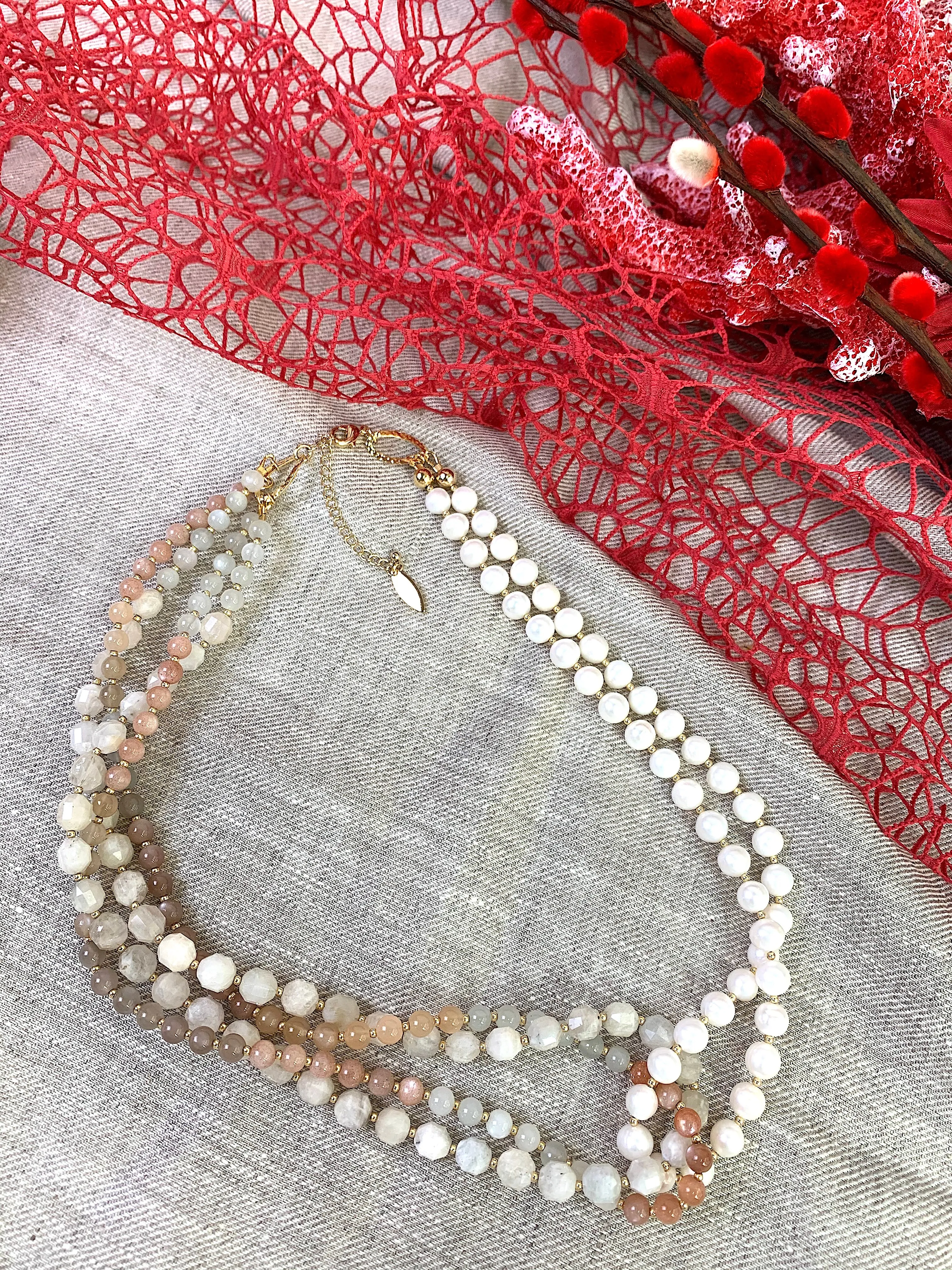 Moonstones With Freshwater Pearls Multi-Strands Necklace EN037