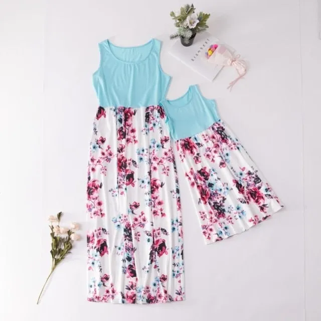 Mother Daughter Matching Floral Long Dresses