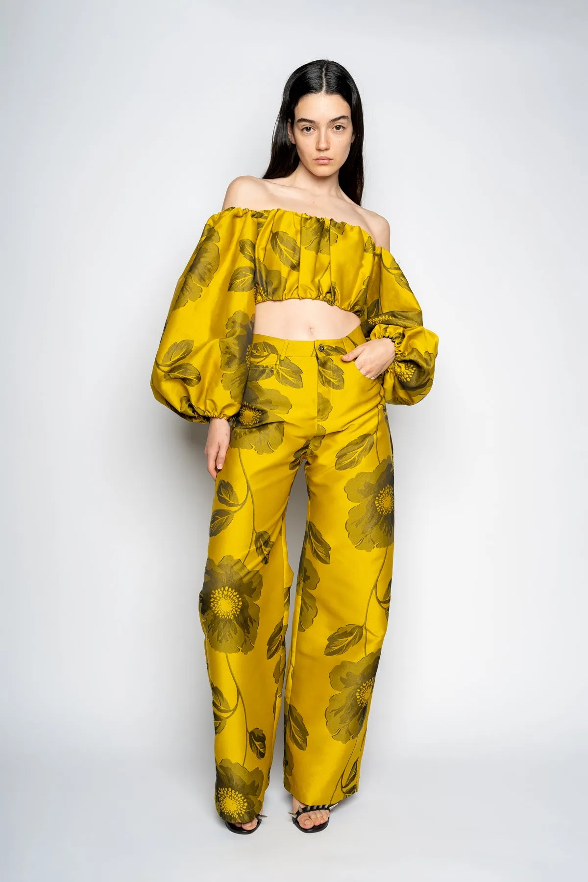 MUSTARD FLORAL BOYFRIEND TROUSERS