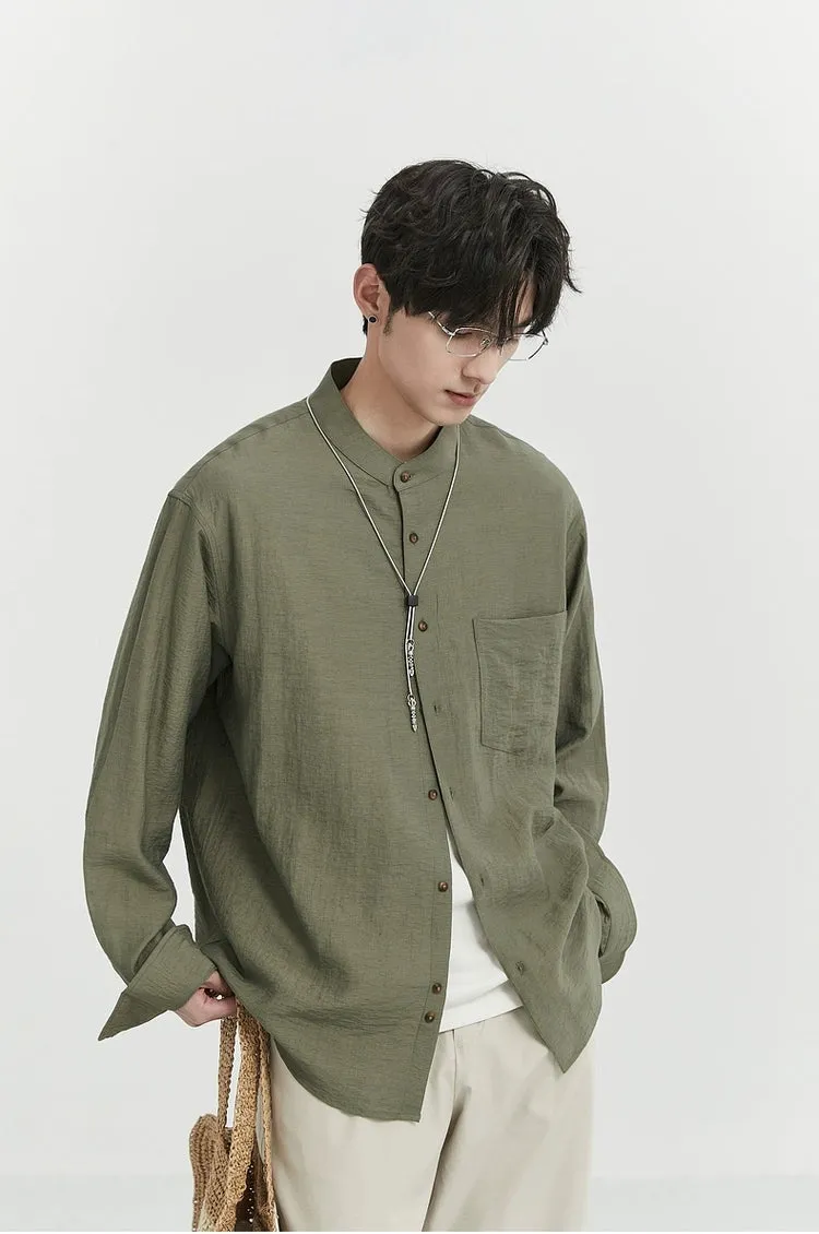 Oversized Linen Long Sleeve Shirt with Grandad Collar