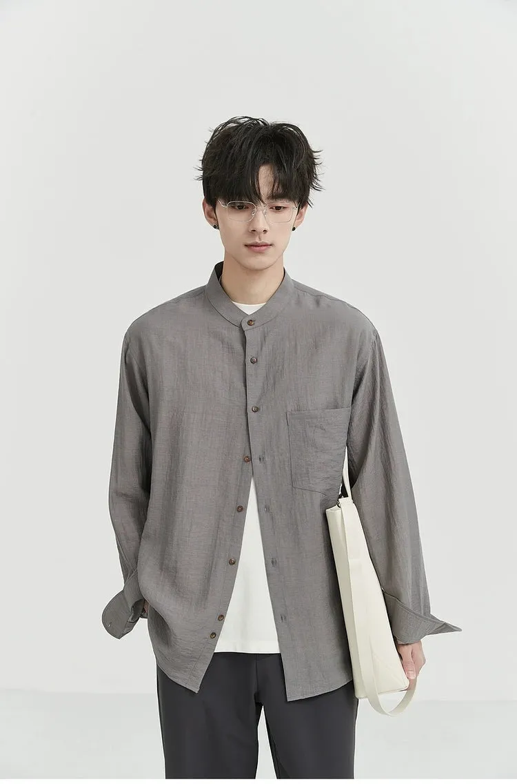 Oversized Linen Long Sleeve Shirt with Grandad Collar