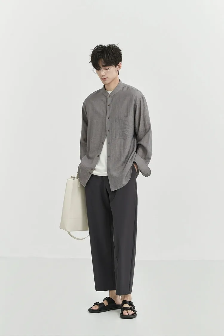 Oversized Linen Long Sleeve Shirt with Grandad Collar