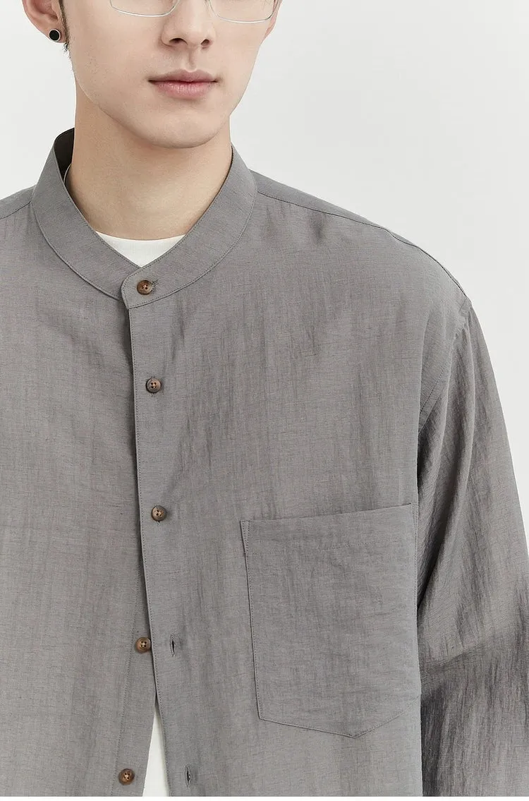 Oversized Linen Long Sleeve Shirt with Grandad Collar